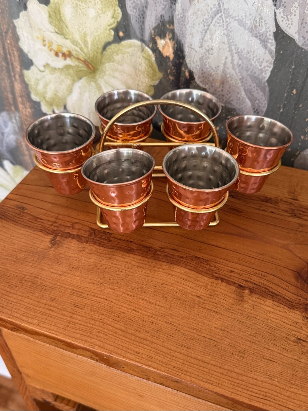 Copper-Finish Hammered Metal Shot Glass Set with Gold Rack - 6 Piece
